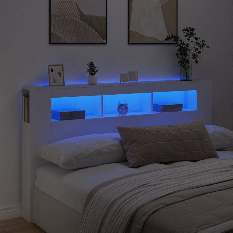 Wezgłowie łóżka z LED, białe, 180x18,5x103,5 cm