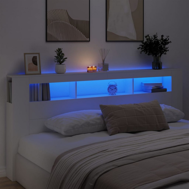 Wezgłowie łóżka z LED, białe, 220x18,5x103,5 cm