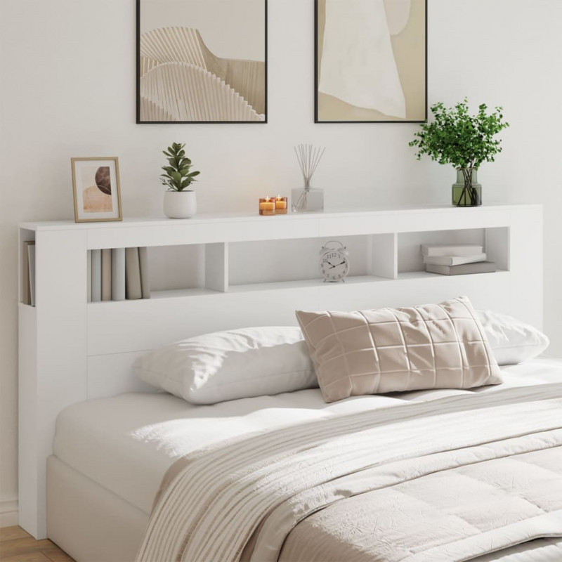 Wezgłowie łóżka z LED, białe, 220x18,5x103,5 cm
