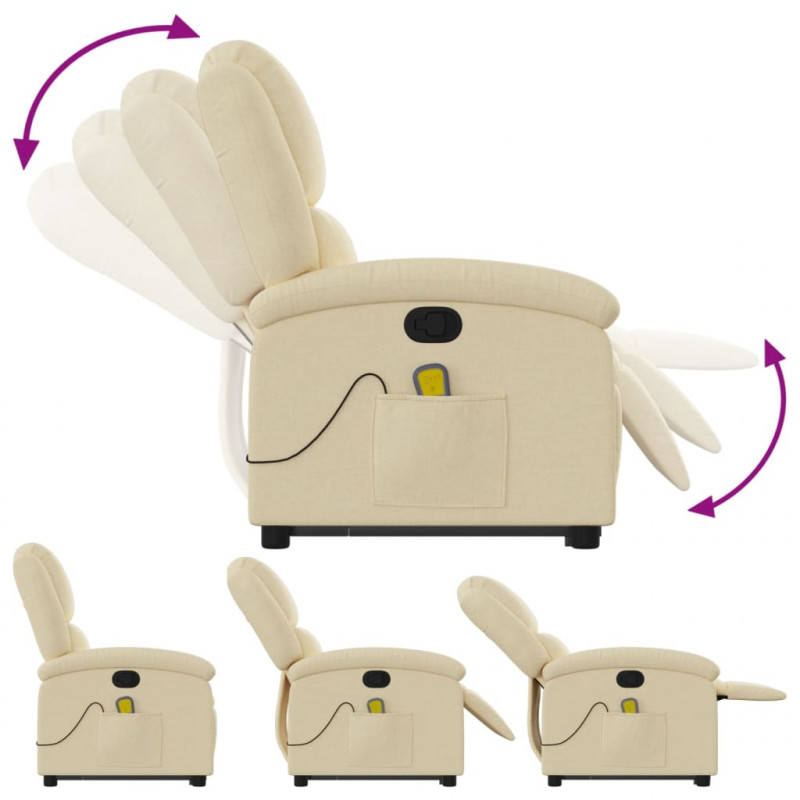 Podnoszony fotel masujący, rozkładany, kremowy, obity tkaniną