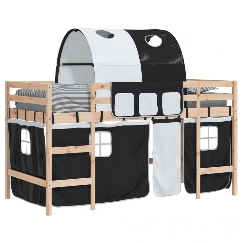 Dziecięce łóżko na antresoli, z tunelem, biało-czarne, 80x200cm
