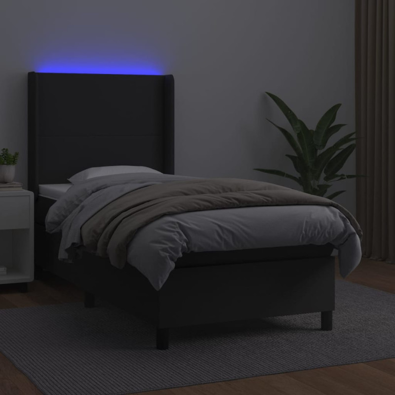 Łóżko kontynentalne z materacem i LED czarna ekoskóra 90x200 cm