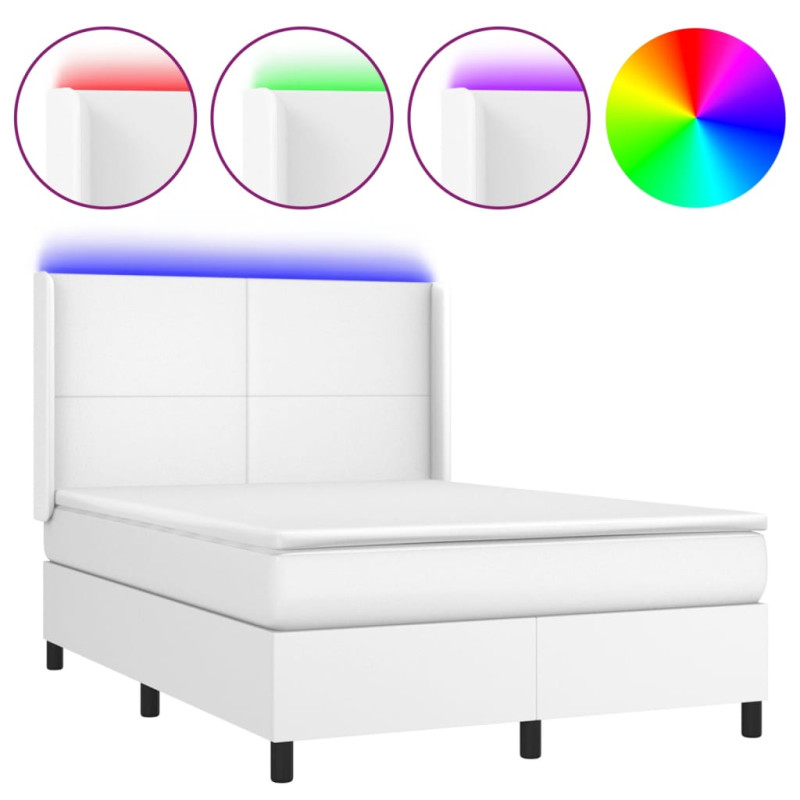 Łóżko kontynentalne z materacem i LED, biała ekoskóra 140x190cm