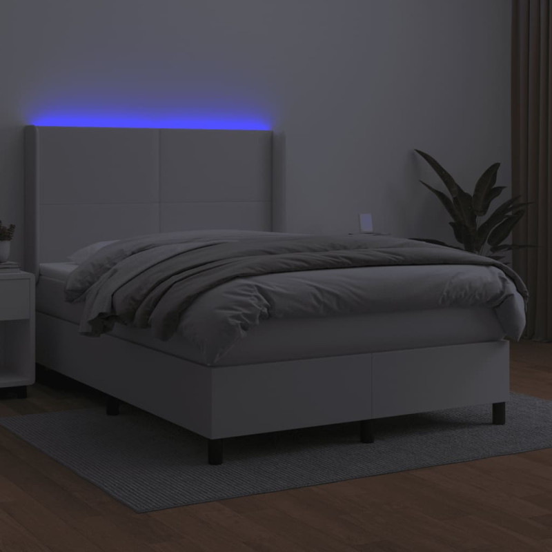 Łóżko kontynentalne z materacem i LED, biała ekoskóra 140x190cm