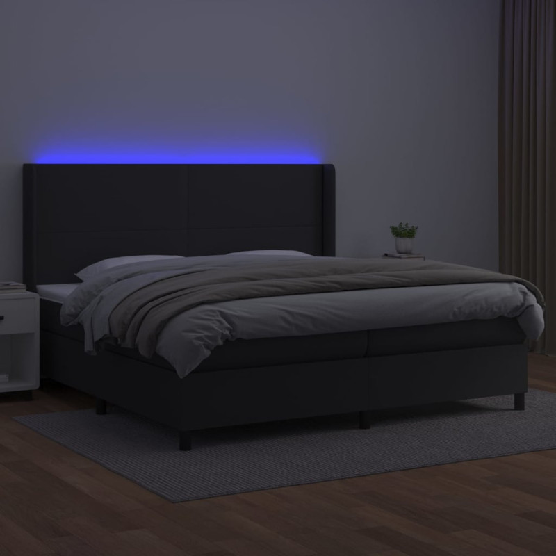 Łóżko kontynentalne z materacem i LED czarna ekoskóra 200x200cm