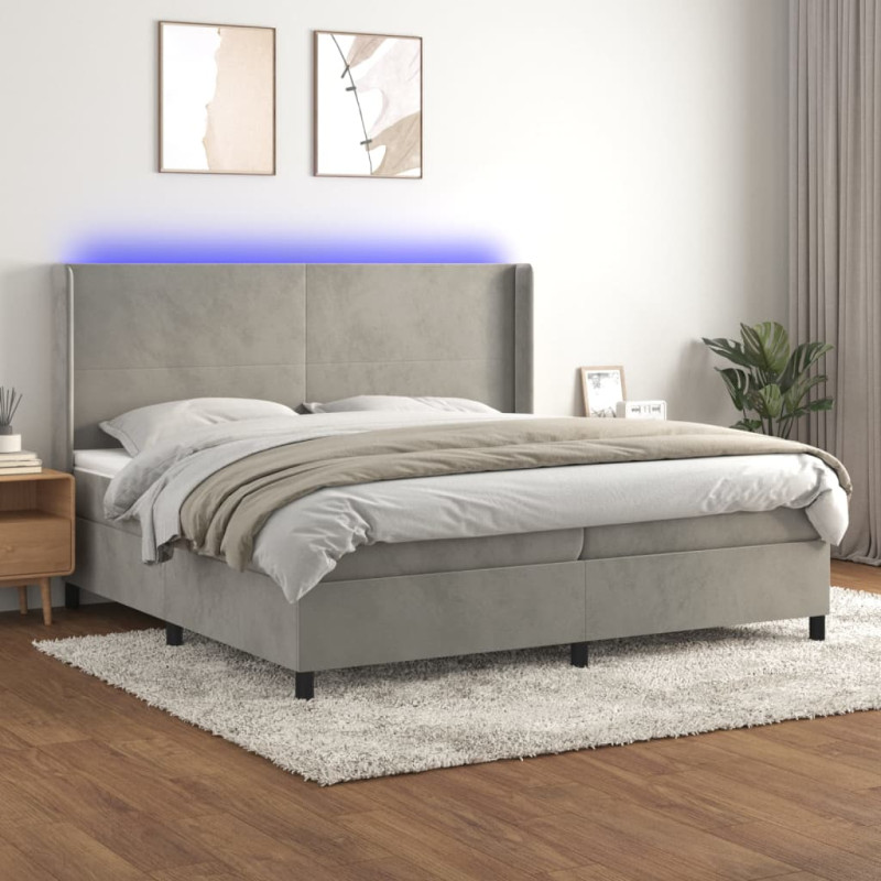 Łóżko kontynentalne z materacem i LED, szare 200x200cm, aksamit