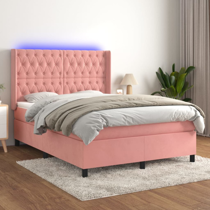 Łóżko kontynentalne z materacem i LED, różowy aksamit 140x190cm