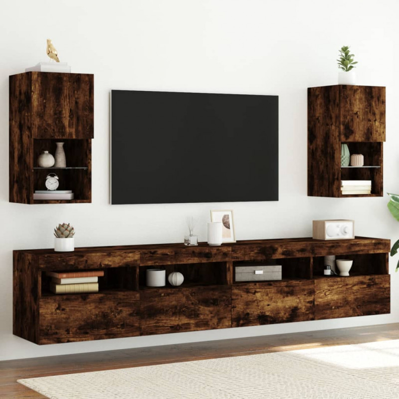 Szafki TV, z LED, 2 szt., przydymiony dąb, 30,5x30x60 cm