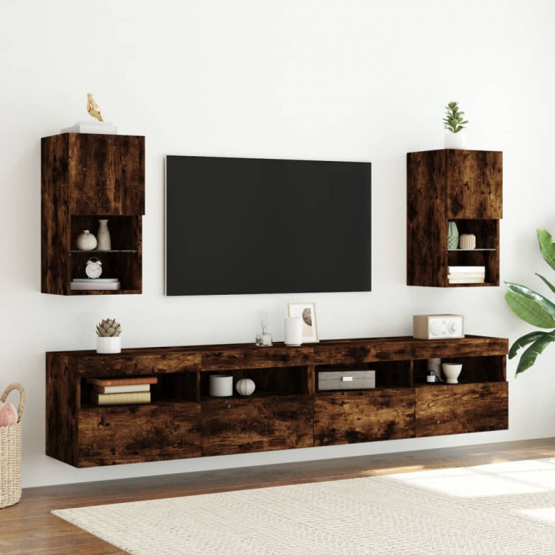 Szafki TV, z LED, 2 szt., przydymiony dąb, 30,5x30x60 cm