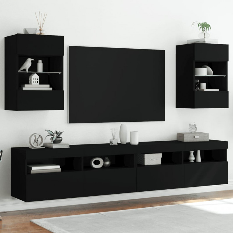 Ścienne szafki TV z LED, 2 szt., czarne, 40x30x60,5 cm