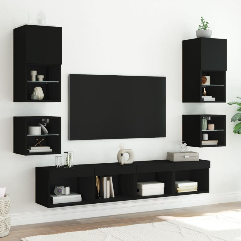 Ścienna szafka TV z LED, czarna, 30x28,5x30 cm