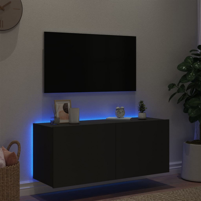 Ścienna szafka TV z LED, czarna, 100x35x41 cm