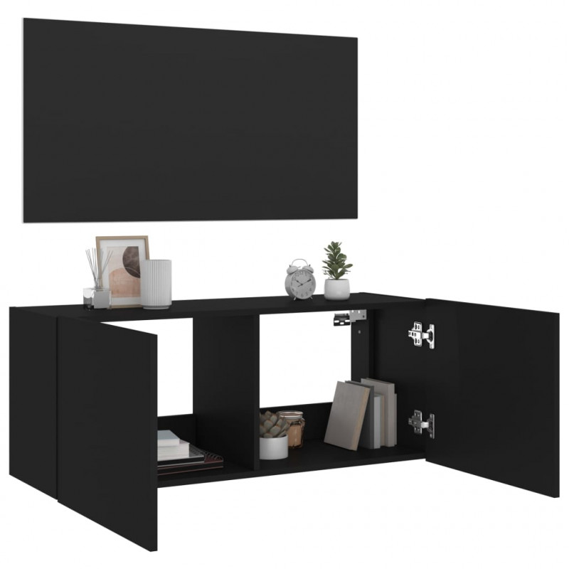 Ścienna szafka TV z LED, czarna, 100x35x41 cm