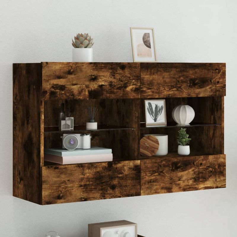 Ścienna szafka TV z LED, przydymiony dąb, 98,5x30x60,5 cm
