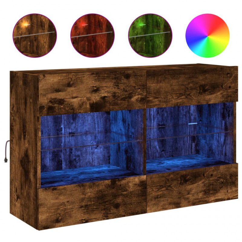 Ścienna szafka TV z LED, przydymiony dąb, 98,5x30x60,5 cm
