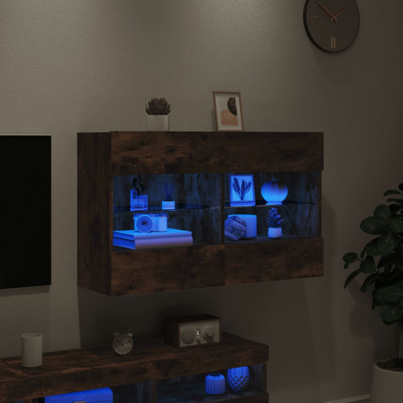 Ścienna szafka TV z LED, przydymiony dąb, 98,5x30x60,5 cm
