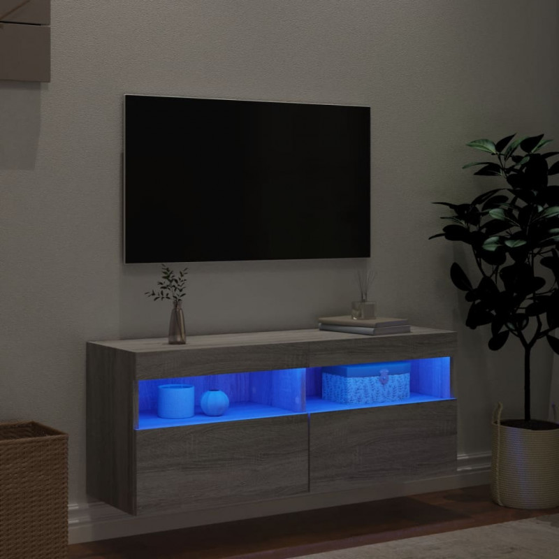 Ścienna szafka TV z LED, szary dąb sonoma, 100x30x40 cm