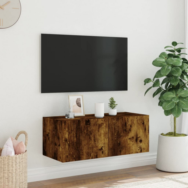 Ścienna szafka TV z LED, przydymiony dąb, 80x35x31 cm