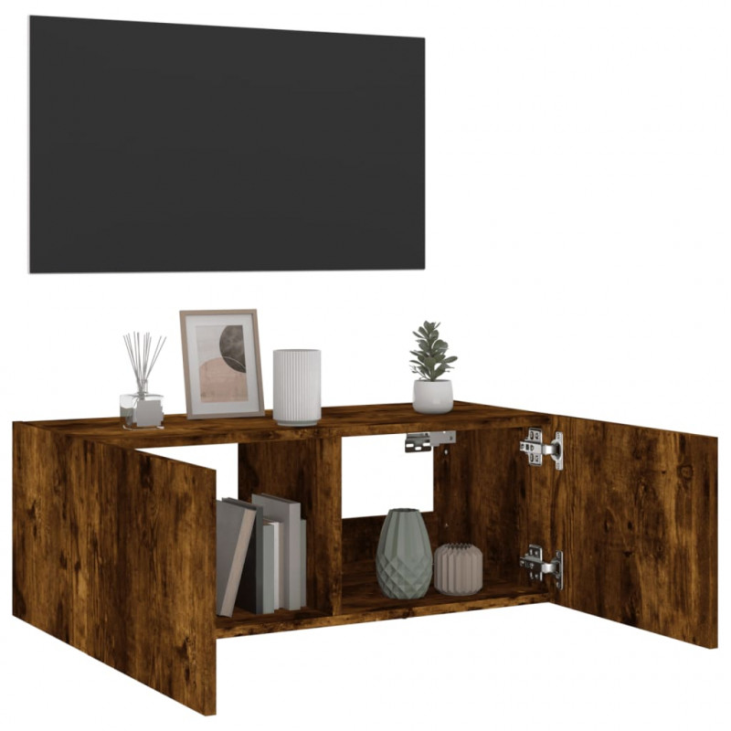 Ścienna szafka TV z LED, przydymiony dąb, 80x35x31 cm