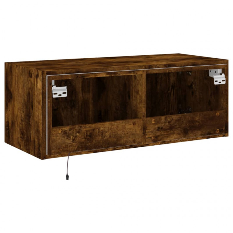 Ścienna szafka TV z LED, przydymiony dąb, 80x35x31 cm