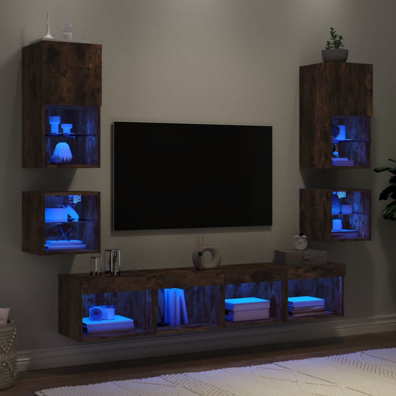 8-częściowy zestaw mebli TV z LED, przydymiony dąb