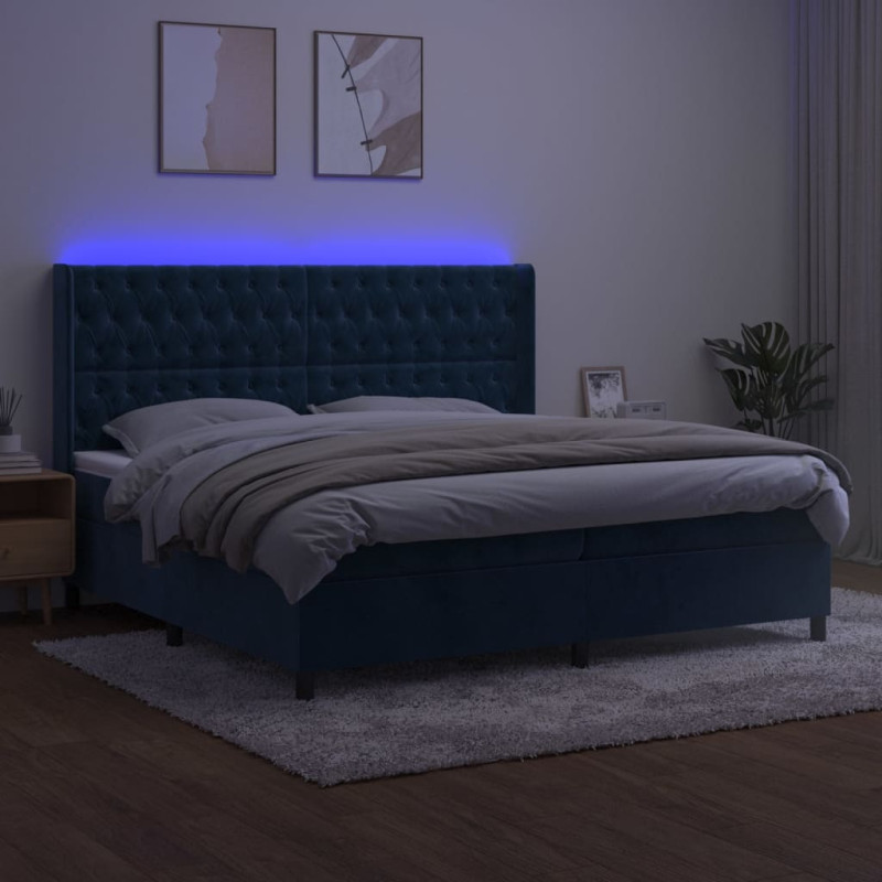 Łóżko kontynentalne, materac i LED, niebieski aksamit 200x200cm