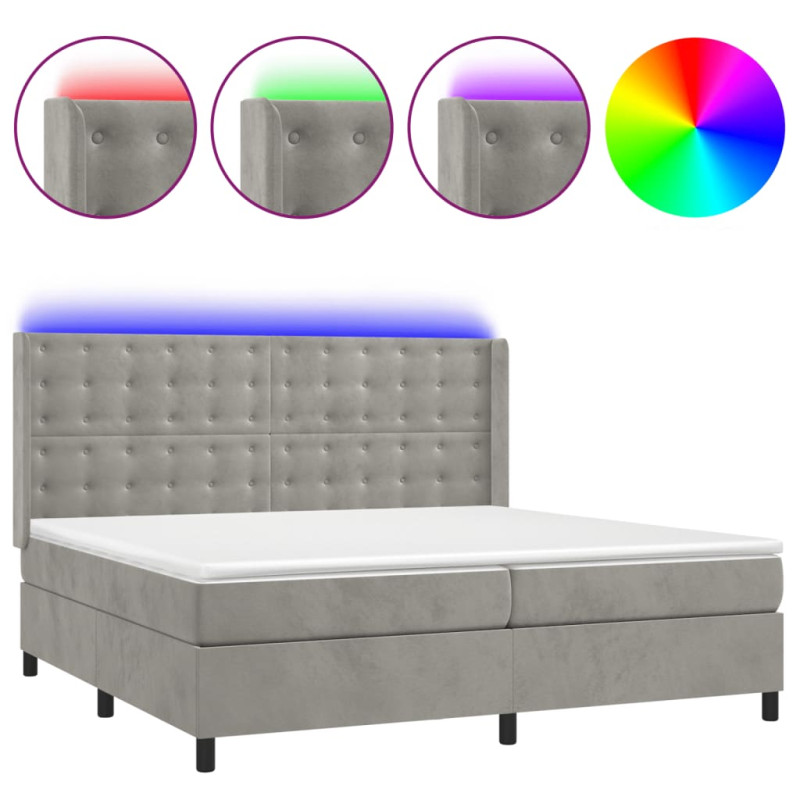 Łóżko kontynentalne z materacem i LED, szare 200x200cm, aksamit