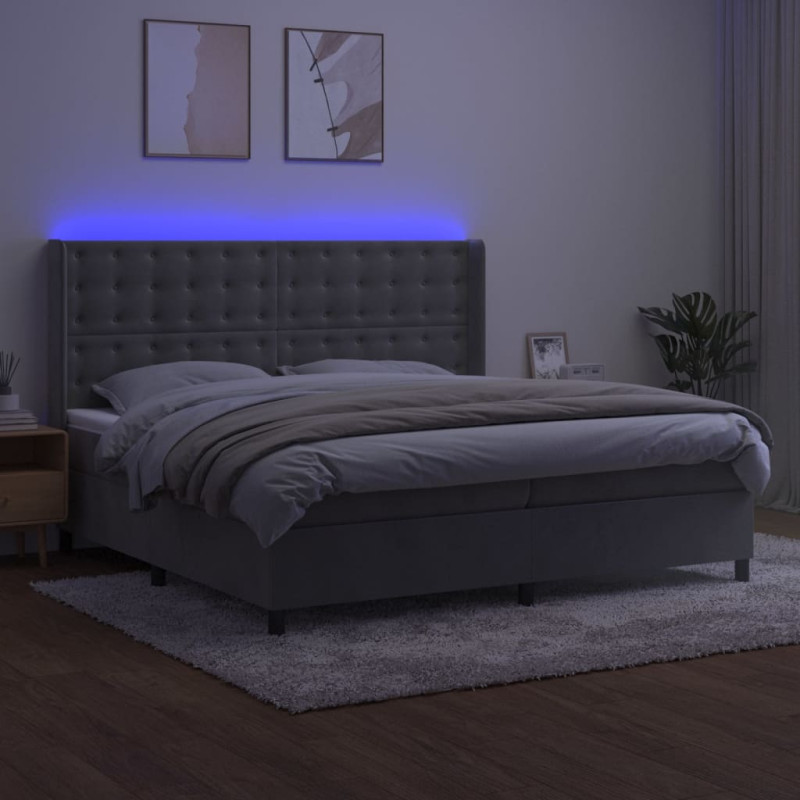 Łóżko kontynentalne z materacem i LED, szare 200x200cm, aksamit