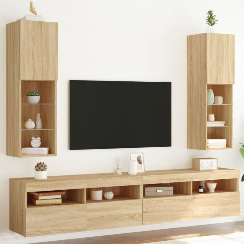Szafki TV, z LED, 2 szt., dąb sonoma, 30,5x30x102 cm