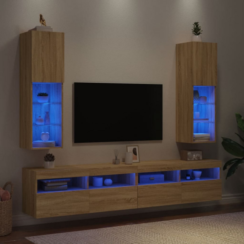 Szafki TV, z LED, 2 szt., dąb sonoma, 30,5x30x102 cm
