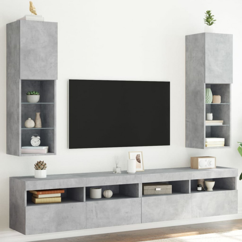 Szafki TV, z LED, 2 szt., szarość betonu, 30,5x30x102 cm