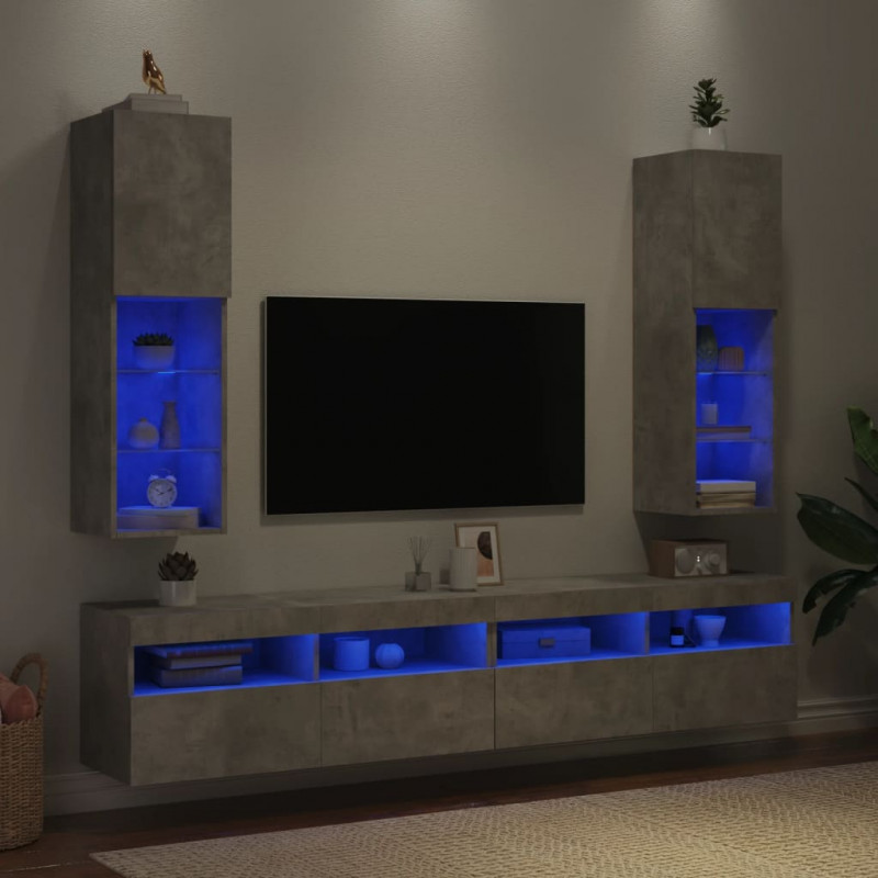 Szafki TV, z LED, 2 szt., szarość betonu, 30,5x30x102 cm