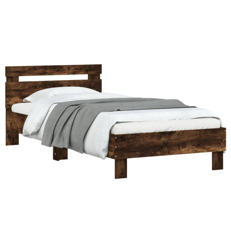 Rama łóżka z wezgłowiem i LED, przydymiony dąb, 90x200 cm