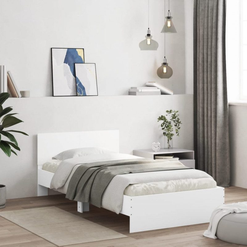 Rama łóżka z wezgłowiem i LED, biała, 100x200 cm
