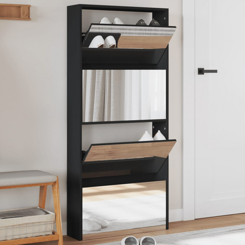 Szafka na buty z lustrem, 4 poziomy, czarna, 63x17x134 cm