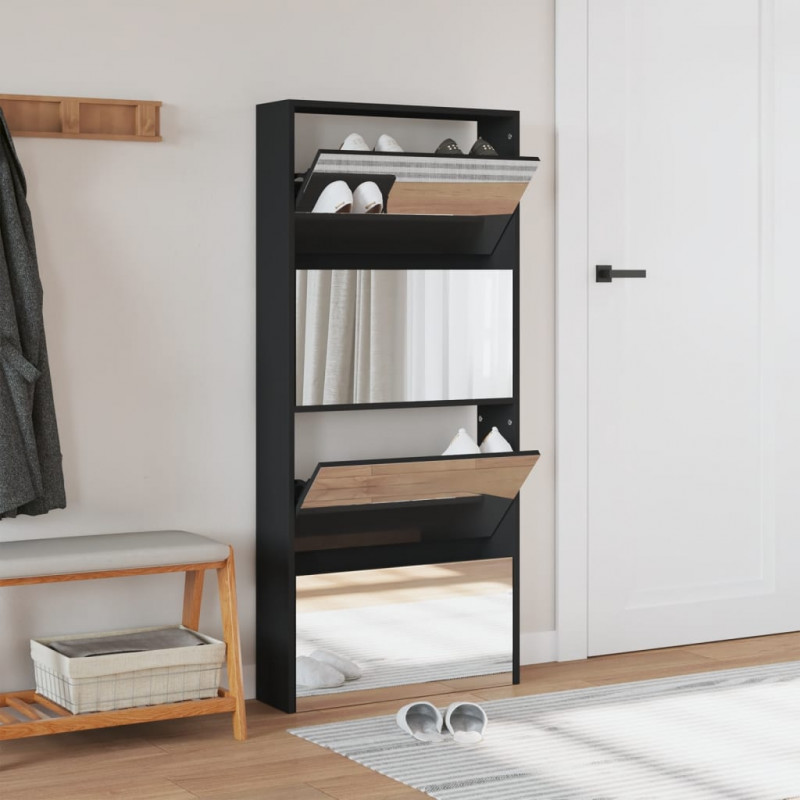 Szafka na buty z lustrem, 4 poziomy, czarna, 63x17x134 cm