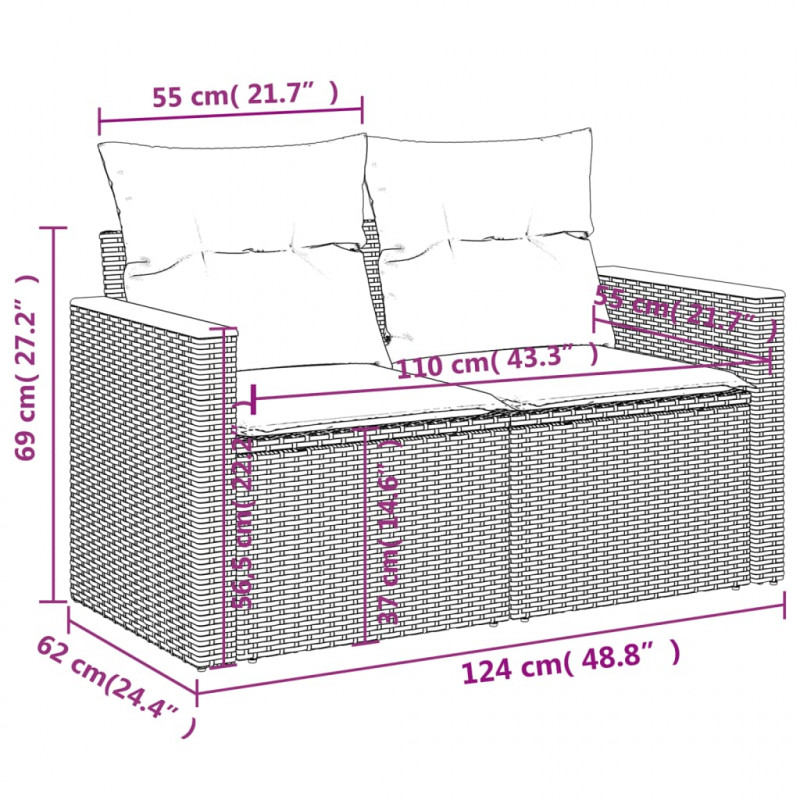 Sofa ogrodowa z poduszkami, 2-osobowa, beżowa, polirattan