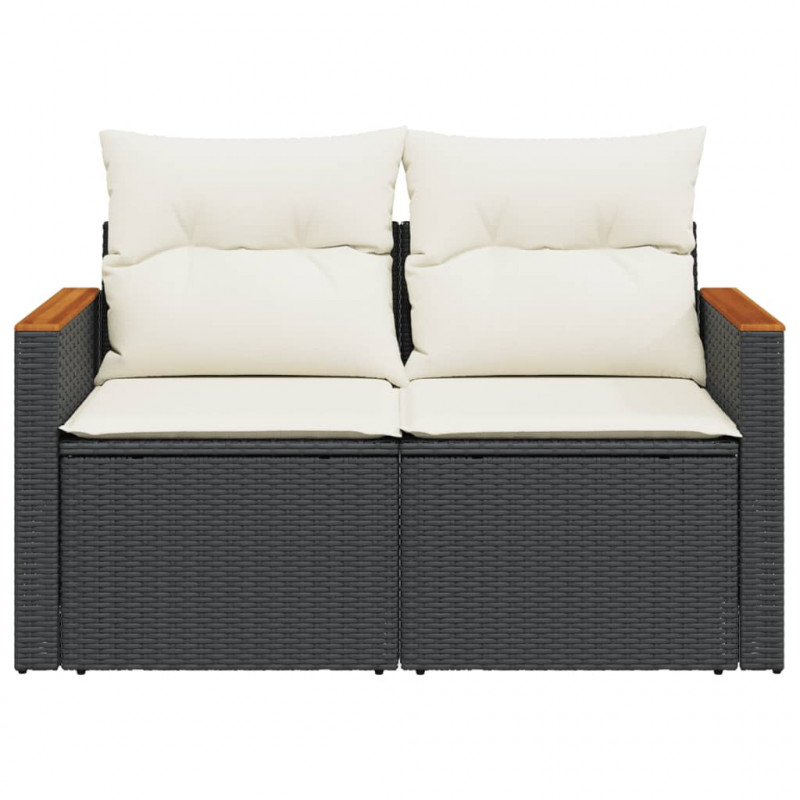 Sofa ogrodowa z poduszkami, 2-osobowa, czarna, polirattan