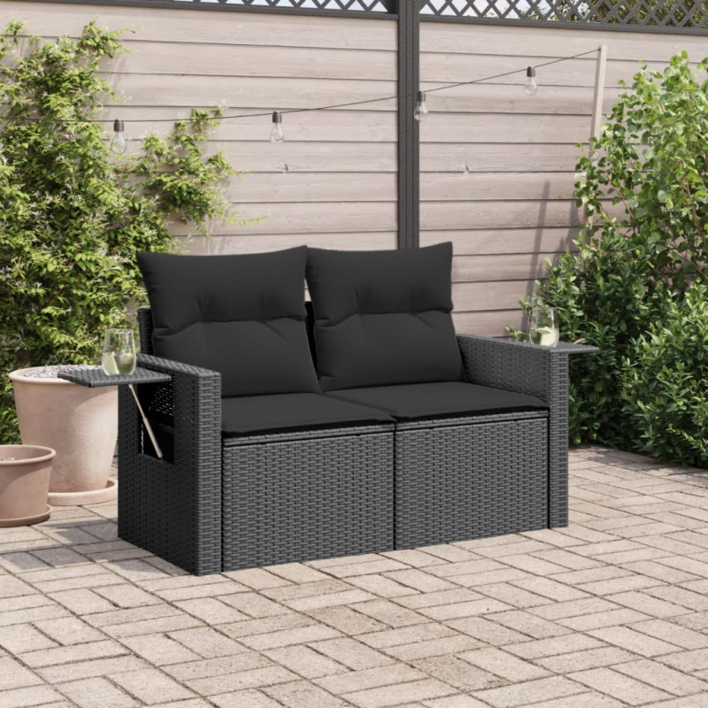 Sofa ogrodowa z poduszkami, 2-osobowa, czarna, polirattan