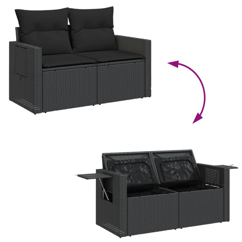 Sofa ogrodowa z poduszkami, 2-osobowa, czarna, polirattan