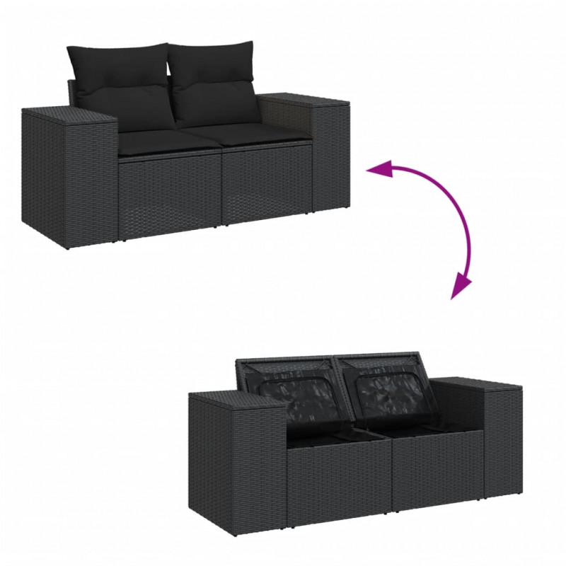 Sofa ogrodowa z poduszkami, 2-osobowa, czarna, polirattan