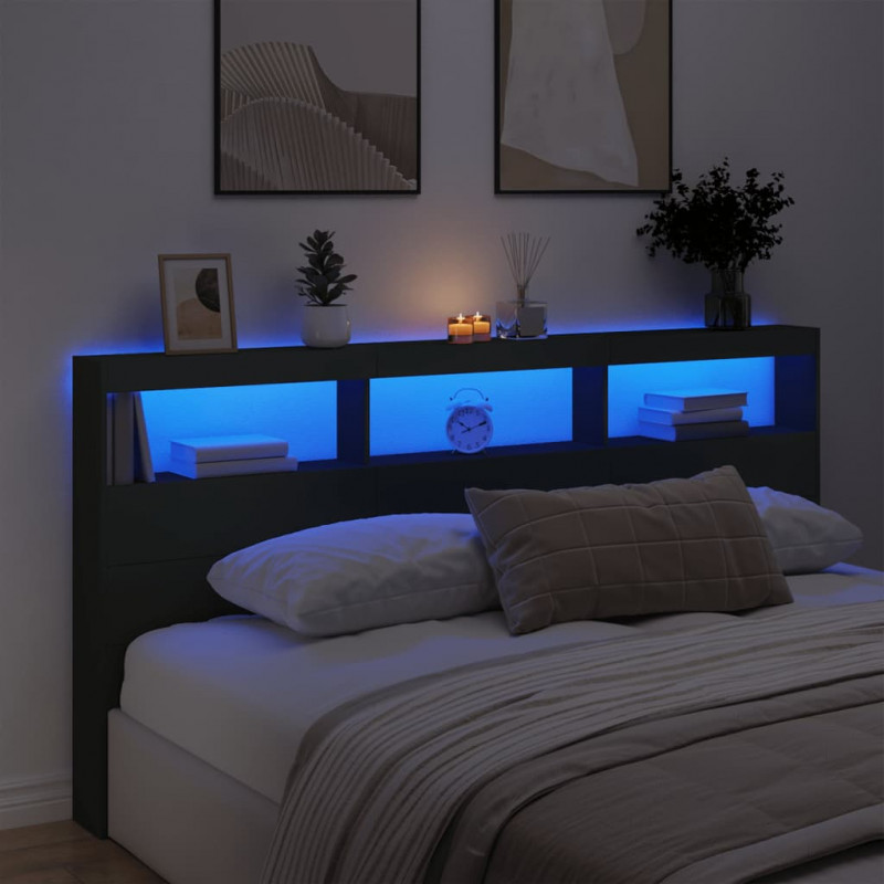 Zagłówek z półkami i oświetleniem LED, czarny, 200x17x102 cm