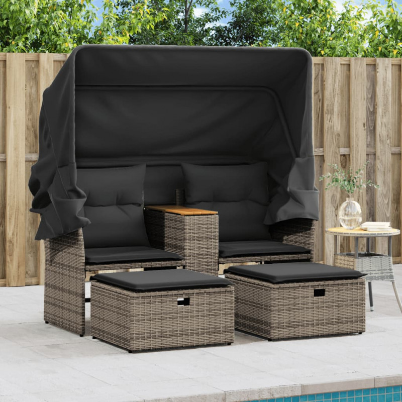 2-os. sofa ogrodowa z daszkiem i podnóżkami, szara, rattan PE