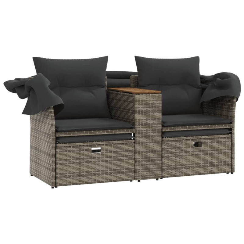 2-os. sofa ogrodowa z daszkiem i podnóżkami, szara, rattan PE