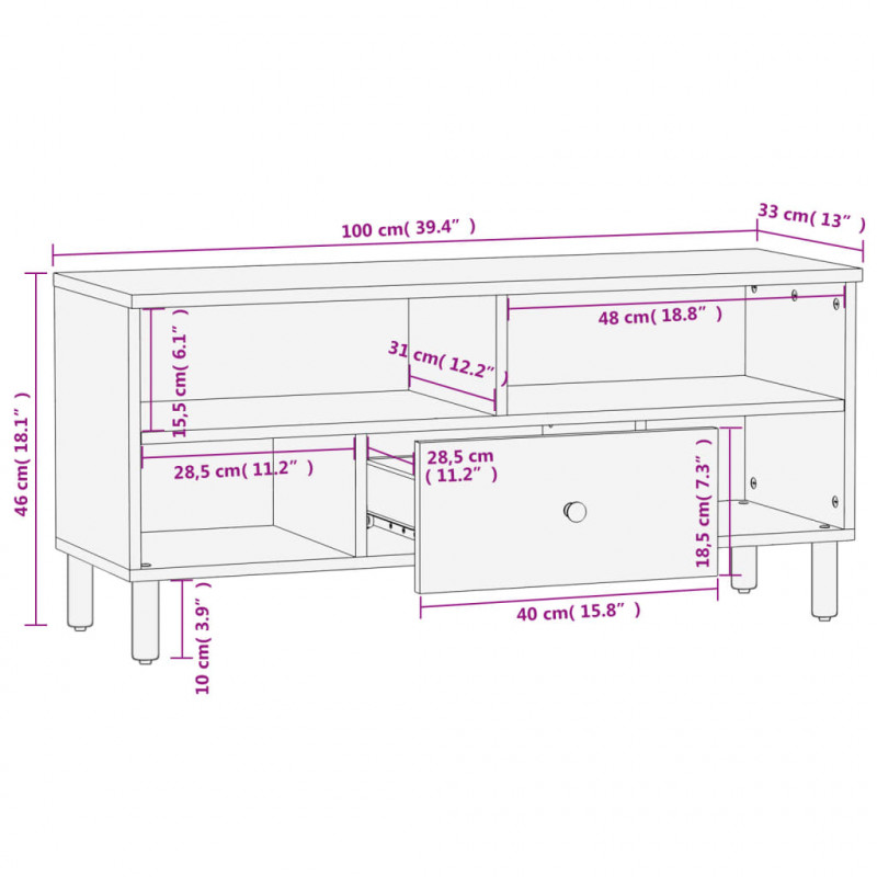 Szafka pod telewizor, czarna, 100x33x46 cm, lite drewno mango
