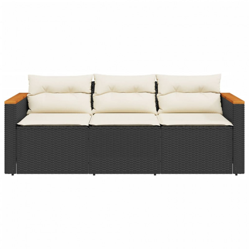 Sofa ogrodowa z poduszkami, 3-osobowa, czarna, polirattan