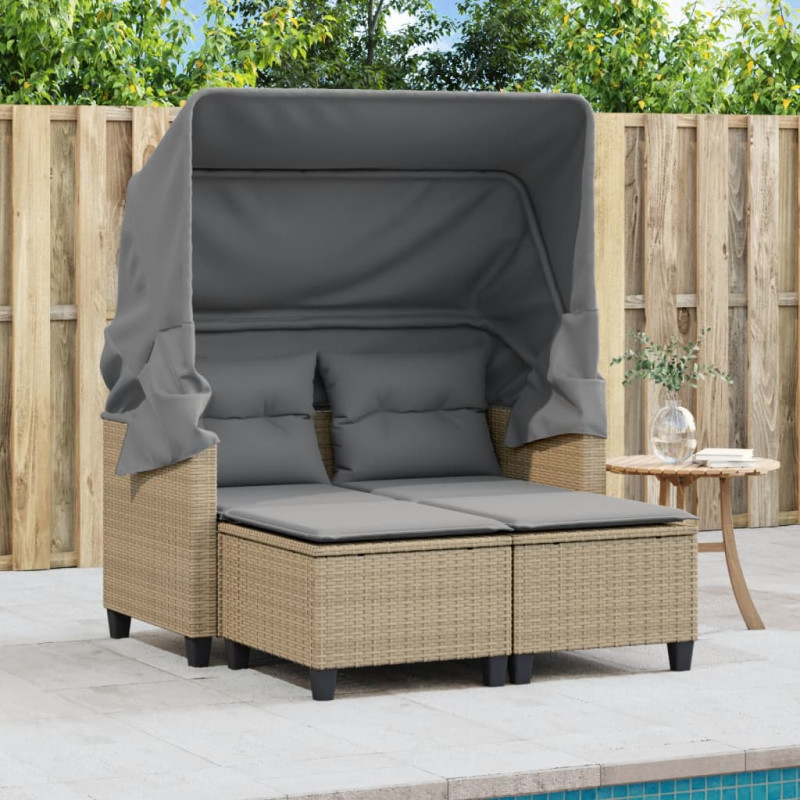 2-os. sofa ogrodowa z zadaszeniem i stołkami, beżowa, rattan PE