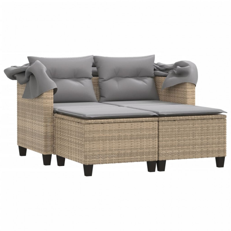 2-os. sofa ogrodowa z zadaszeniem i stołkami, beżowa, rattan PE