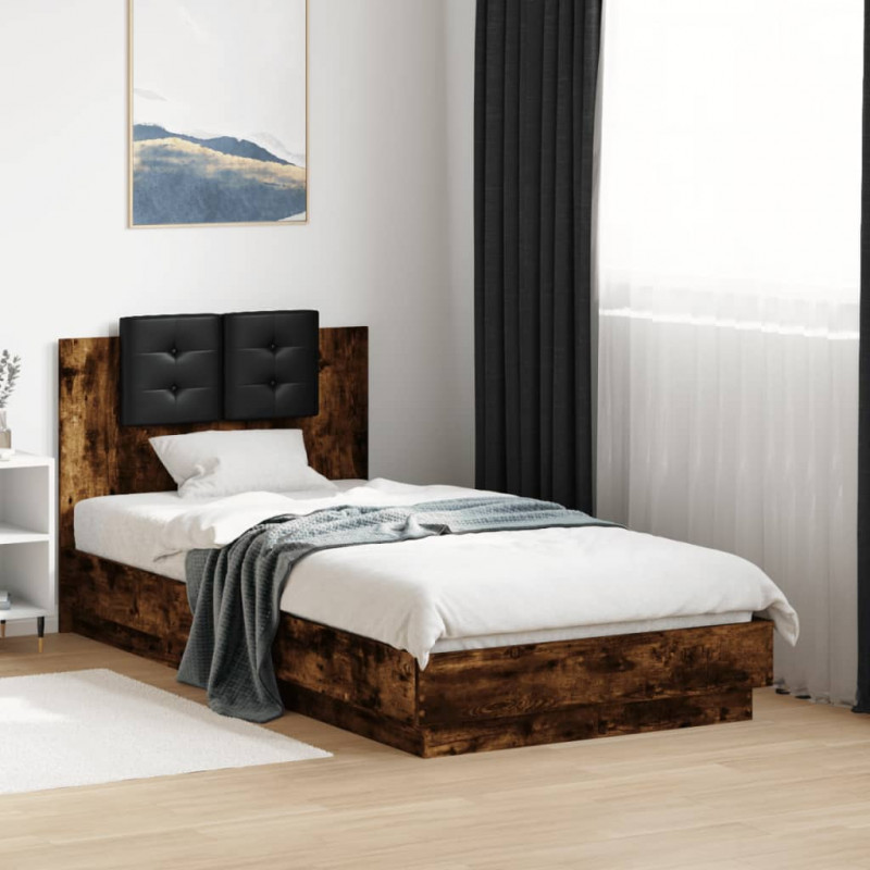 Rama łóżka z wezgłowiem i LED, przydymiony dąb, 75x190 cm