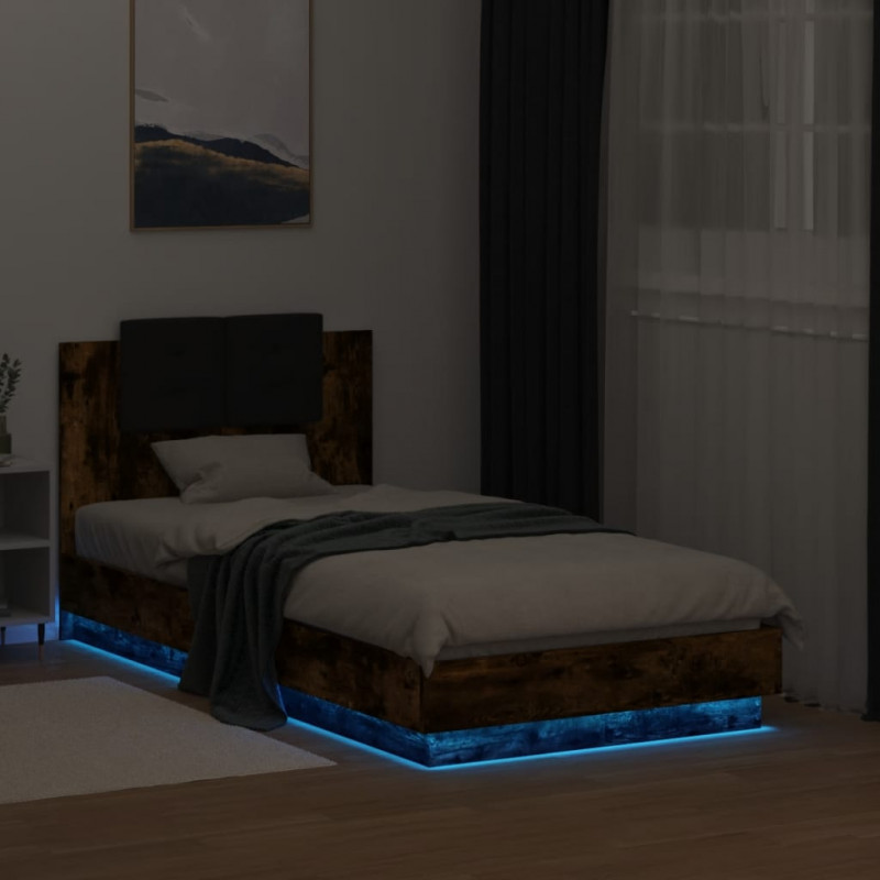 Rama łóżka z wezgłowiem i LED, przydymiony dąb, 75x190 cm